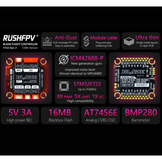 Rush Blade F722 30x30 Flight Controller For Analog V2 By RushFPV - Refurbished